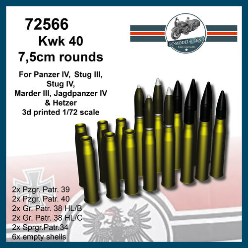 72566 Proyectiles 7,5cm para Kwk 40,  Panzer IV, Stug III, etc. Escala 1/72.