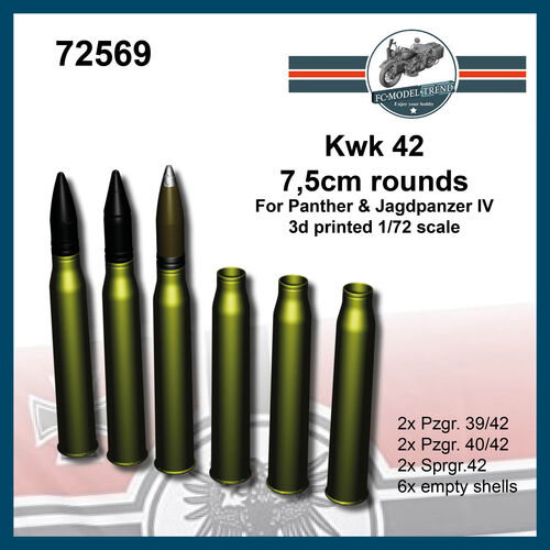 72569 7,5cm rounds for Kwk42, Panther and Jagspanzer IV, 1/72 scale.